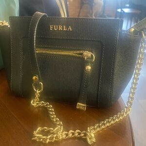 FURLA SAFFIANO LEATHER MINI BLACK GOLD ZIPPER CROSSBODY Bag LUX
